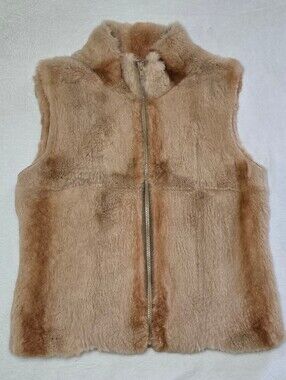 Lord & Taylor 100% Rabbit Fur Beige Zip Closure Mock-Neck Sleevless Vest S/M